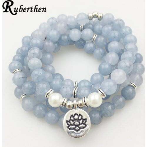 Ruberthen New Design Blue Natural Stone Women`s Bracelet 108 Mala Bracelet or Necklace Trendy Yoga Vintage Women`s Jewelry