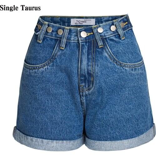 Button Sashes Decoration Female High Waist Shorts Summer Fashion Streetwear Denim Blue Loose Casual Boyfriend Jeans Short Pants