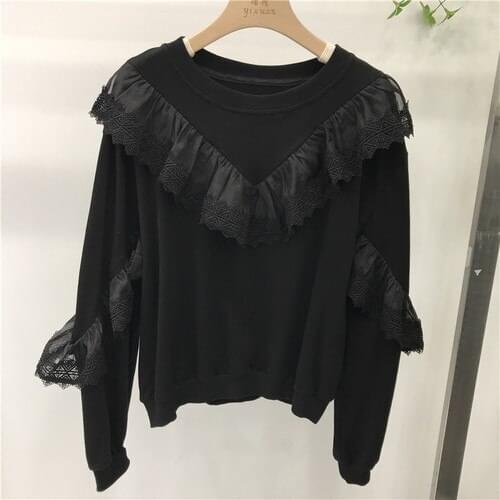 Loose Lotus Leaf Sweatshirt Women Temperament Spring Autumn Pullovers New Lace Patch All-Match Round Neck Pleated Top Hoodies