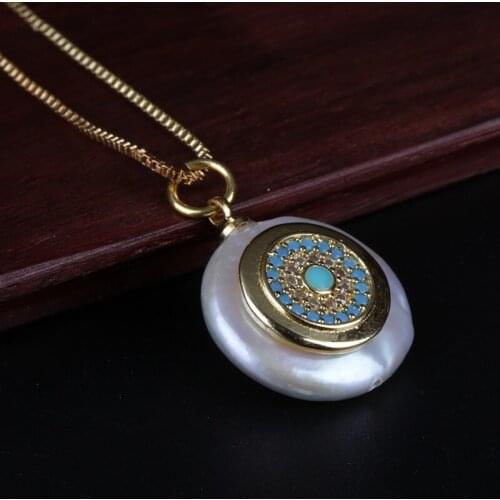 Paved cz tiny round disc charm natural coin freshwater pearl bead dainty gold chain pendant choker necklace for women jewels