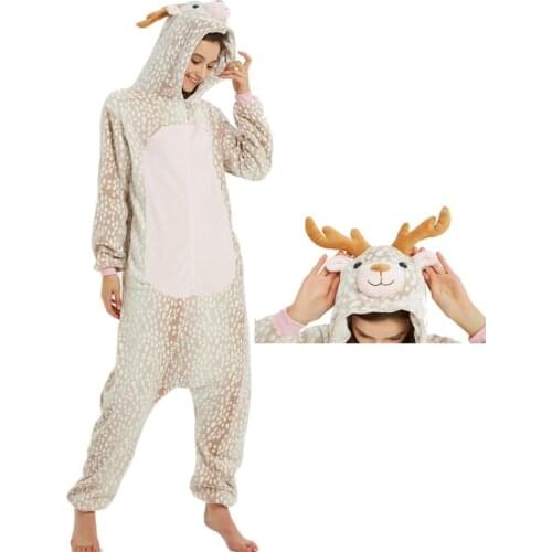Milu Deer Animal Kigurumis Women Pajama Suit One Piece Adult Flannel Soft Pajamas Sleepwear Homewear Festival Party Costume