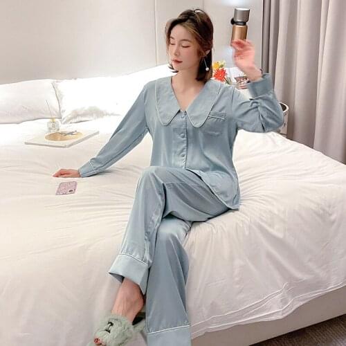 Womens Solid Color Silk Satin Homewear Princess Collar Long Sleeve Sleepwear Pajamas Suit Female Sleep Two Piece Set Loungewear