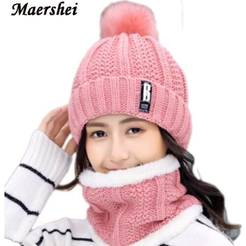 MAERSHEI Fur Ball Womens Winter Hat Fashion Thicken Warm Scarf Set Female Pompom Ski Skullies Beanie Hats