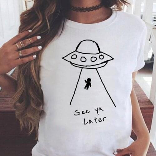 Women Graphic UFO Funny Alien Short Sleeve Cute 90s Summer Casual Fashion Print Female Clothes Tops Tees Tshirt T-Shirt