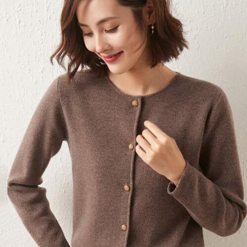 2021 Spring And Autumn New Women 100% Pure Wool Cardigan O-Neck Button Knitted Winter Loose Thick Cashmere Sweater Keep Warm