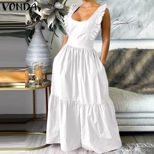 Women Tank Dress 2021 VONDA Summer Ruffled Dress Beach Sundress Holiday Sexy Party Square Collar Party Vestidos Robe