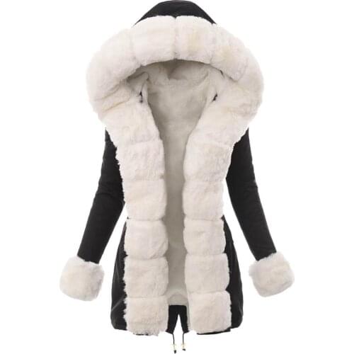 ZITY Womens Hooded Faux Fur Coat Plus Size Ladies Fur Lining Coat Womens Winter Warm Thick Long Jacket Hooded Overcoat S-XXXL