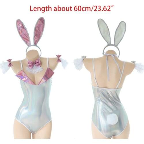 Women Sexy Bunny Girl Lingerie Rabbit Ears Hologram Shiny Faux Patent Leather Bodysuit Bowtie Choker Cosplay Nightwear
