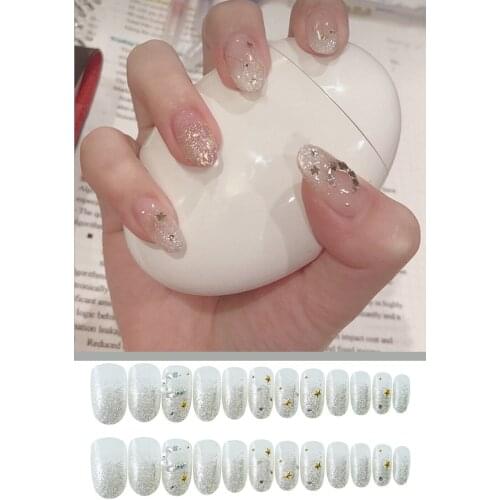 24pcs Wear A Transparent Glitter Star False Nail With Adhesive Long Lasting Manicure Nail Tip Decoration Lady Nail Art Beauty
