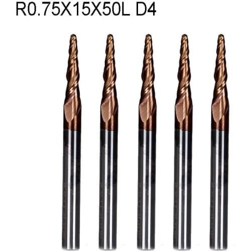5pcs/lot R0.75*D4*15*50L*2F solid carbide 6mm Ball Nose Tapered End Mills router bits cnc taper wood metal milling cutter