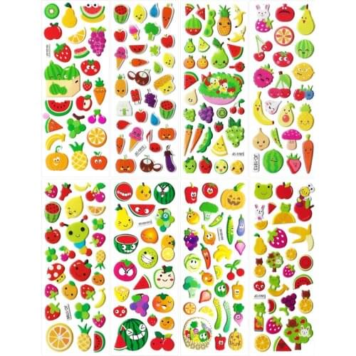 8 Sheets 3D Bubble Sticker Cute Cartoon Fruits Waterproof Decoration Stickers Girl Boy Kids Funny Educational Toys Children Gift