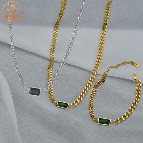 Akizoom Fashion Square Diamond Cuban Chain Bracelet Necklace Pendant Stainless Steel Jewelry Sets For Women Choker Party Gift