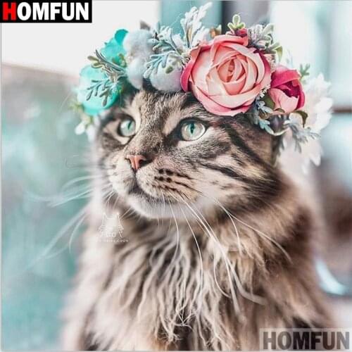HOMFUN Full Square/Round Drill 5D DIY Diamond Painting "Cat flower" 3D Embroidery Cross Stitch Home Decor Gift A16764
