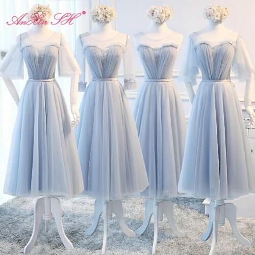 AXJFU blue grey lace o neck Bridesmaid Dress fashion illusion ruffles lace short lace up Bridesmaid Dress pink Bridesmaid dress