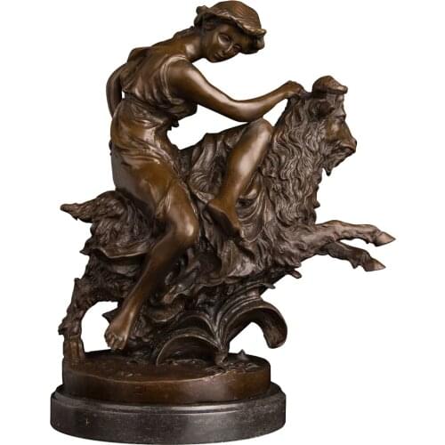 Bronze Handmade Bronze Sculpture Vintage Shepherdess with Goat Statue Animal Figurine Living Room Art Decor