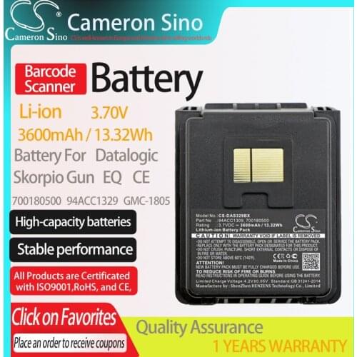 CameronSino Battery for Datalogic Skorpio Gun EQ CE fits Datalogic 700180500 94ACC1309 GMC-1805 Barcode Scanner battery 3600mAh