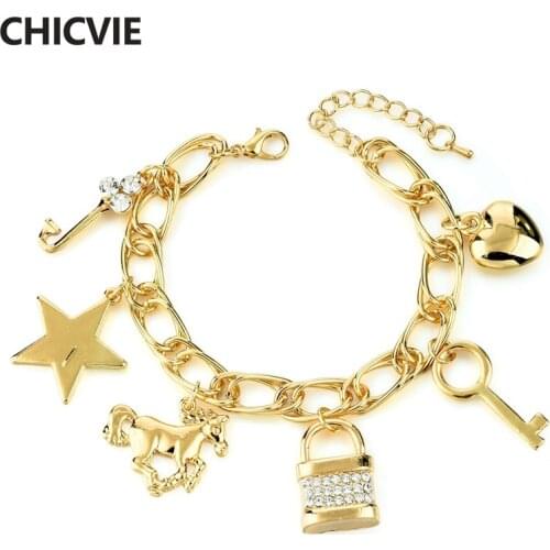 CHICVIE Ethnic Gift Gold Color Color Love Satr Key Charm Bracelet & Bangle Crystal Bracelets For Women Jewelry SBR160339