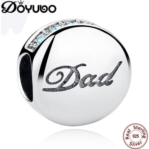 DOYUBO Authentic 925 Sterling Silver DIY Charms Engarved Dad Blue Cubic Zircon Silver Beads To Fit Snake Bangles Jewelry ADD015