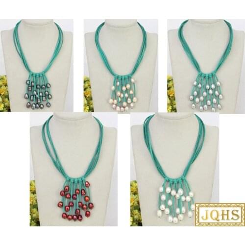JQHS 16" 5row 13mm rice Baroque pink white black purple wine red pearl beads green leather necklace j11248-3