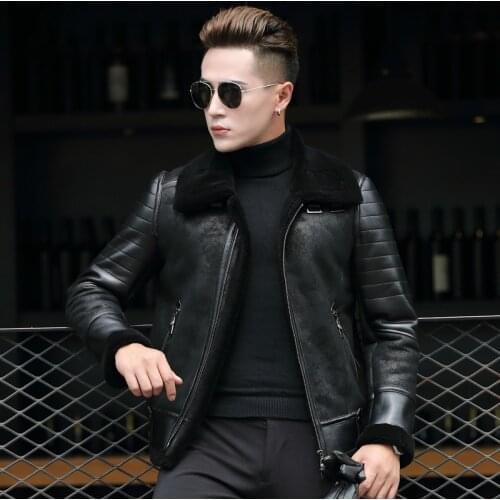 Genuine Leather Pilot Jacket Sheepskin for Men Natural Wool Fur Coat Motorcycle Chaqueta Cuero Hombre 8726 KJ826