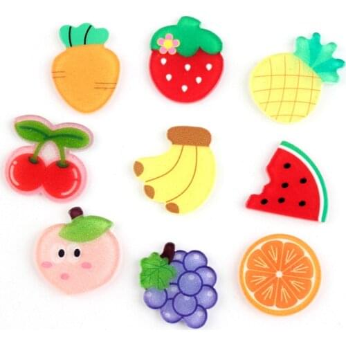 Kwaii Fruit Resin Cabochons 10pcs Glitter Cute Acrylic Planar Carrot Strawbery Pineapple Cherry Watermelon Grape Leom Patch