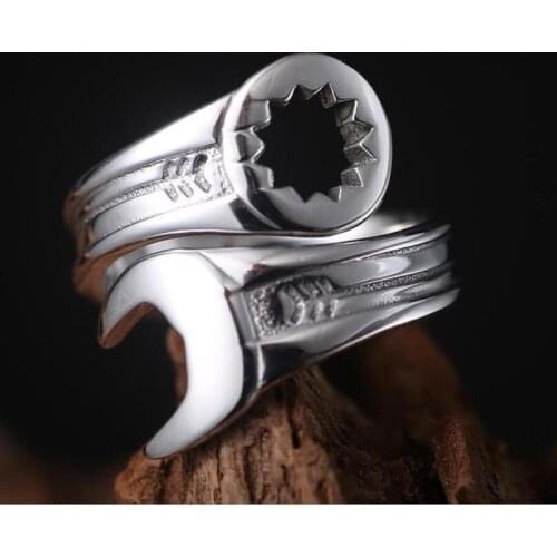 Fashion Mens Cool Domineering Biker Mechanic Wrench Ring Alloy Punk Open Ended Adjustable Rings for Masculino Male Personality