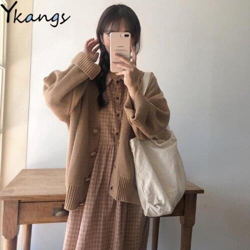 Autumn Winter 2pcs Set Women Korean Kawaii Cardigans Single Breasted Sweaters And Half Sleeve Plaid Dress Japanese Loose Suit