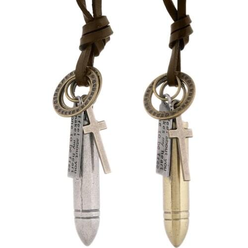 Jessingshow Retro Bullet Dog Tag Cross Pendant Necklace For Men Adjustable Genuine Leather Braided Rope Soldier Males Jewelry