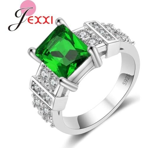 Hot Square Green Austrian Crystal Rings Fashion Women 925 Sterling Silver Cubic Zircon Engagement Ring Bands Jewelry
