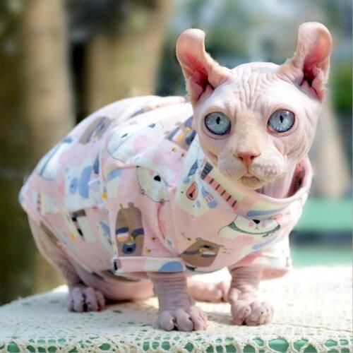Hairless Cat Shirt For Pet Spring Sphynx Cat Clothes For Small Medium Cats Dogs Cartoon Printed Cotton Cornish/Devon Rex T Shirt
