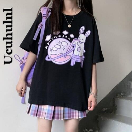 Ucuhulnl Women Top Apanese Anime Harajuku Kawaii Korean Style Punk Summer Short Sleeve Loose Woman Tshirts Gothic Shirt