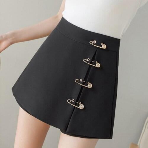 Streetwear Mini Shorts Women Skirts Side Split High Waist Irregular Womens Shorts Metal Pin Buckle A-line Punk Rock Short Mujer