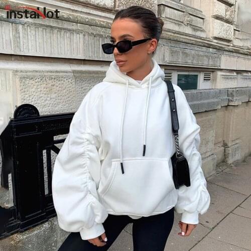 InstaHot Pleated Lantern Sleeve Hooded Women Cotton Casual Streetwear Oversize Drawstring Hoodies Solid Gray White Pocket Hoodie