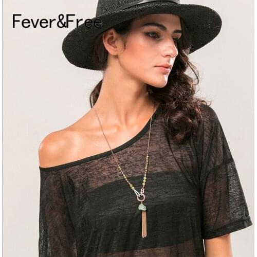 Fever&Free Vintage Bijoux Femme Hand Craft Jewelry Beads Necklace Ethnic Antique Long Chain Burning Gold Tassel Pendant Necklace