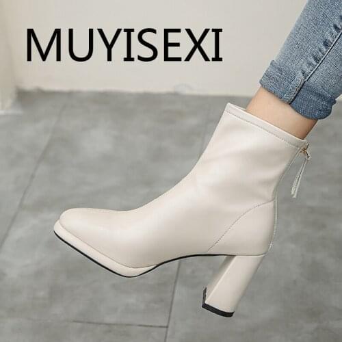 Elegant platform 8cm high heel genuine leather women square toe zipper dating daily wear work ankle boot fashion JGG13 MUYISEXI