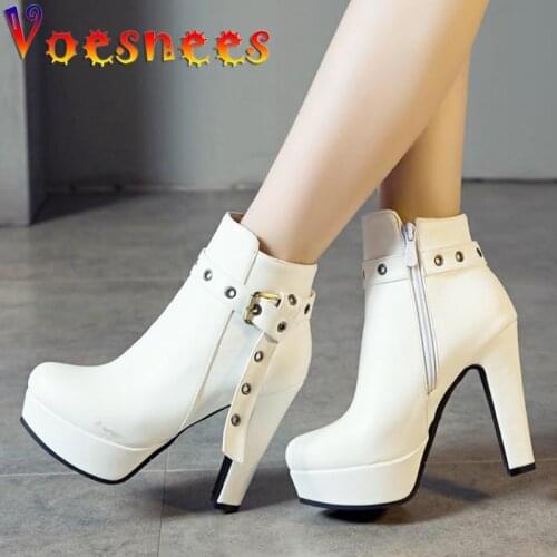 Voesnees Womens Shoes Female Platform Thick Heel Short Martin Boots 2021 New Sexy Round Toe Side Zipper Belt Buckle High Heels