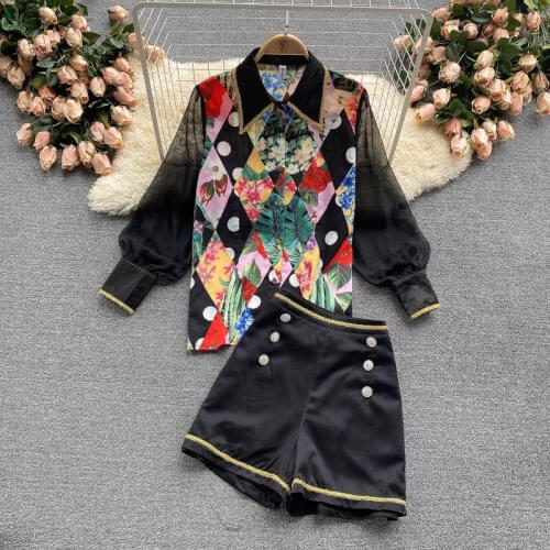 Autumn Fashion Runway Mesh Patchwork Shirts Shorts Suits Womens Floral Print Tops + Pocket High Waist Shorts 2 Pieces Set