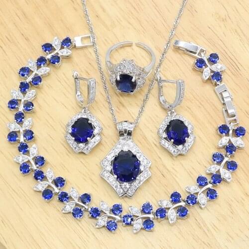 925 Silver Jewelry Sets For Women Wedding Blue Sapphire Bracelet Earrings Necklace Pendant Open Ring Bridal Bridal Birthday Gift