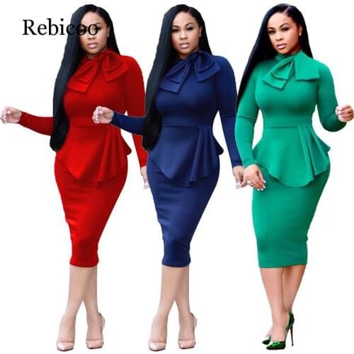 Autumn Office Lady Style Women Solid Color 2 Piece Set Bow Round Neck Long Sleeve Sexy Long Sleeve Ruffle Top with Bag Hip Skirt