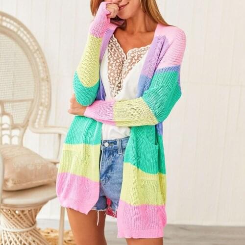 Female Open Stitch Outerwear Summer Spring Long Sleeve Jacket Woman Coat Rainbow Stripe Long Coat Woman Jacket