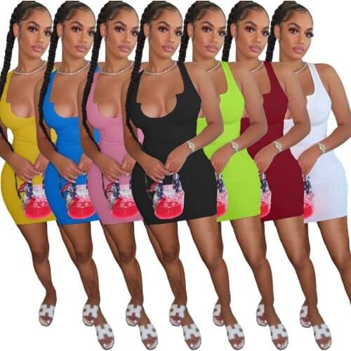 2021 Women Summer Sexy Solid Ribbed Knitted Stripe Mini Dress Deep U Neck Sleeveless Bodycon Streetwear Club Midi Pencil Dress
