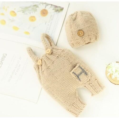 2 Pcs/set Baby Photo Costume Newborn Crochet Knit Overall Bib Pants Hat Clothes P31B