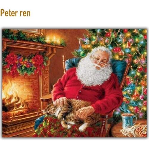 5d Diamond painting cross stitch portrait Square\Round mosaic Rhinestones Full embroidery Sleeping old man christmas tree kitten