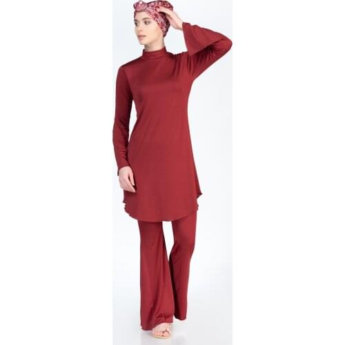 Alfasa 354 Long Sleeve Spanish Bell-Bottomed Pants Full Off Hijab Swimsuit Burgundy