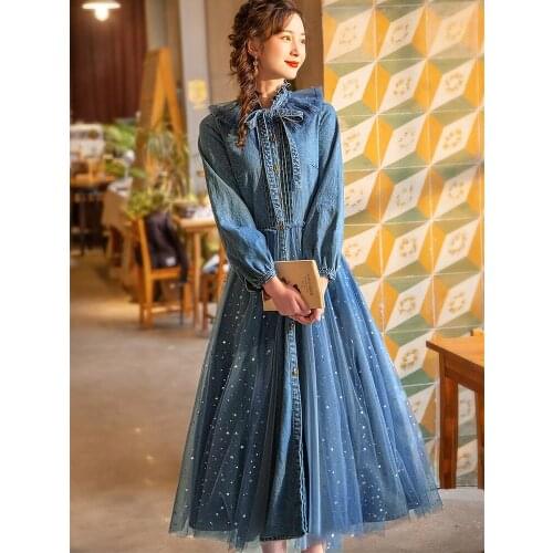 Free Shipping 2020 Bohemian Long Mid-calf Denim Gauze Patchwork Spring Boshow Wrist Sleeve Jeans Dress Bandage Bow