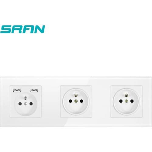 SRAN French triple frame power socket，socket with usb，crystal glass panel 258*86，3gang wall france socket