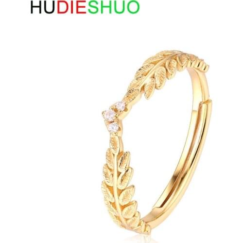HUDIESHUO New Womens Rings Gold Color Olive Leaf 100% 925 SterlingSilver Fashion Jewelry Valentine Gift