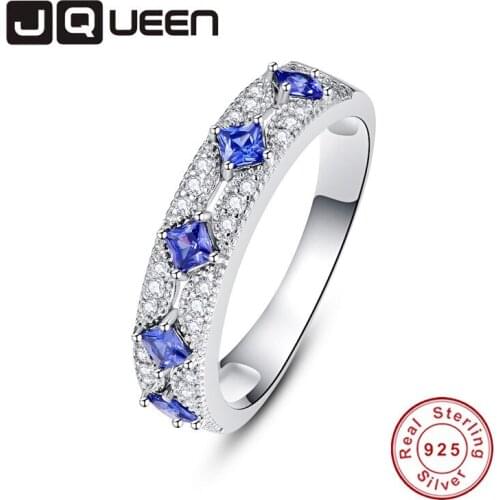 JQUEEN 1mm 28 Rround Zircon 5 3mm*3mm Blue Zircon Princess curt Cut Ring 925 Jewelry Pave Setting Crystal Jewelry Bijoux Femme
