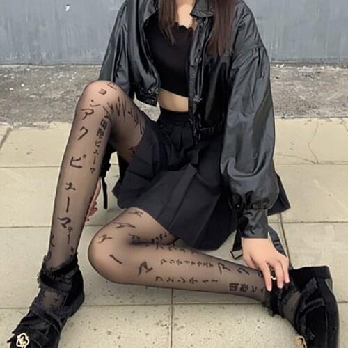 Summer Lolita Pantynose Gothic Black Slim Japanese Words Print Sexy Hot Women Pantyhose Dark Girls Thights Cosplay Accessories