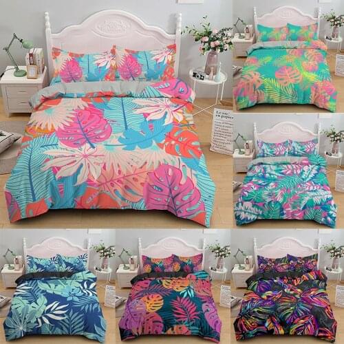 3D Duvet Cover Set with Pillow Shams Green Tropical Plants Leaves Printed Bedding